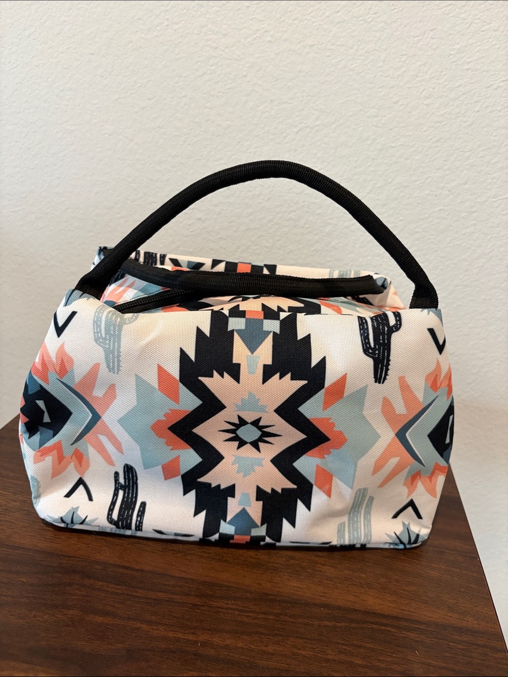 Aztec Print Lunch bag in Cream, Black & Coral